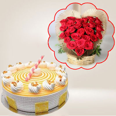 "Butterscotch cake - 1kg, Flower arrangement with 25 Red Roses. - Click here to View more details about this Product